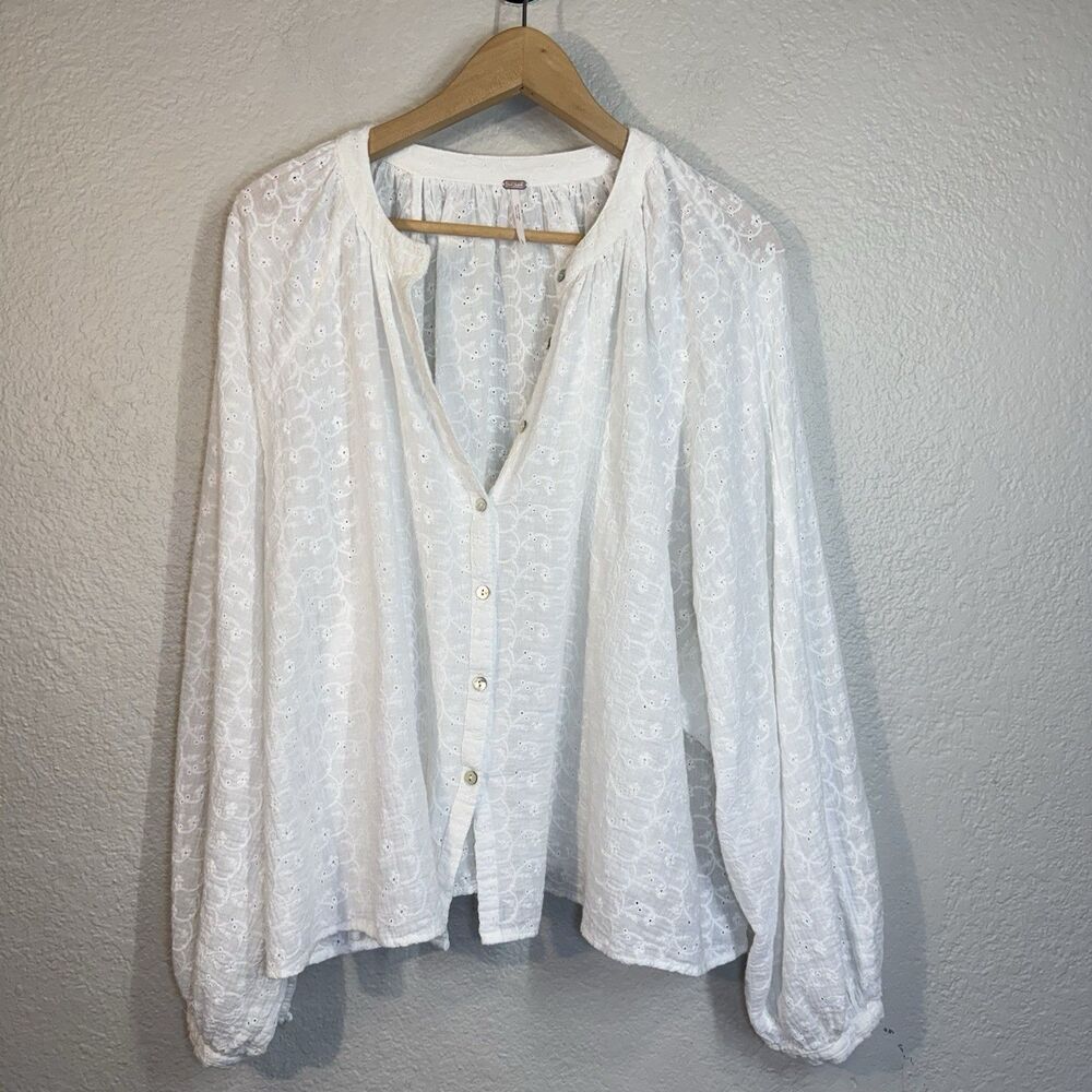 Free People Down From The Clouds Top White Eyelet Peasant Blouse Prairie Size L